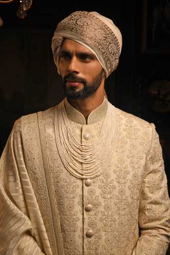 Buy_Punit Arora_Beige Silk Embroidered Sherwani Set _Online_at_Aza_Fashions