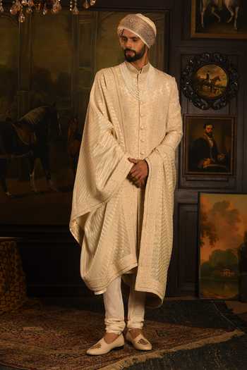 Shop_Punit Arora_Beige Silk Embroidered Sherwani Set _Online_at_Aza_Fashions