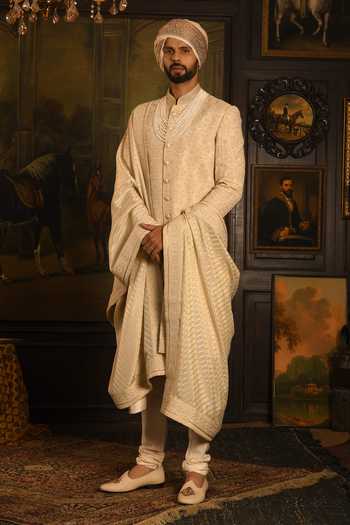 Punit Arora_Beige Silk Embroidered Sherwani Set _at_Aza_Fashions