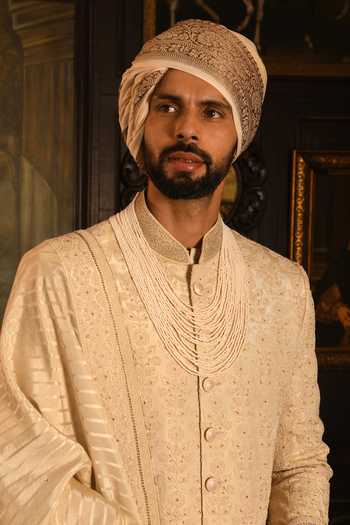 Shop_Punit Arora_Beige Silk Embroidered Sherwani Set 