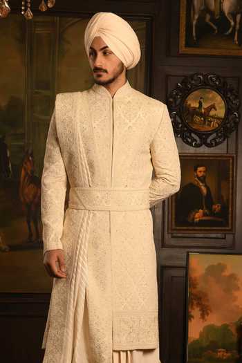 Buy_Punit Arora_Ivory Silk The Imperial Drape Sherwani Set _Online_at_Aza_Fashions
