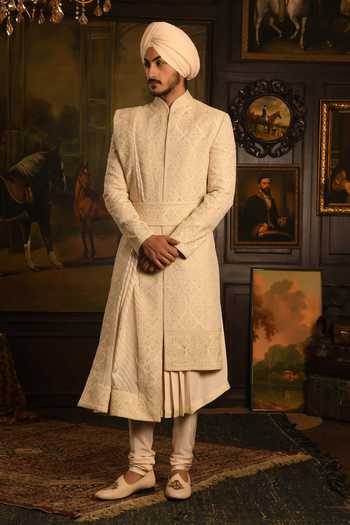 Shop_Punit Arora_Ivory Silk The Imperial Drape Sherwani Set _Online_at_Aza_Fashions