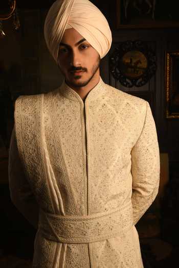 Buy_Punit Arora_Ivory Silk The Imperial Drape Sherwani Set 