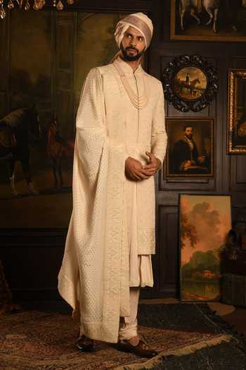 Buy_Punit Arora_Ivory Silk Maharaja Sherwani Set _Online_at_Aza_Fashions