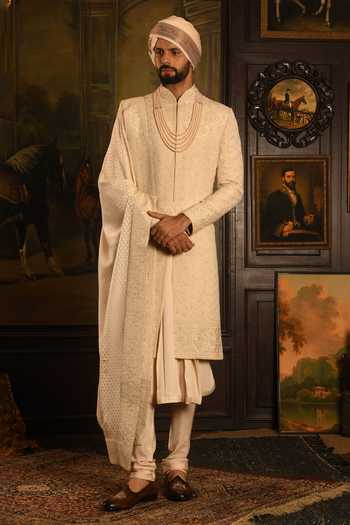 Shop_Punit Arora_Ivory Silk Maharaja Sherwani Set _Online_at_Aza_Fashions