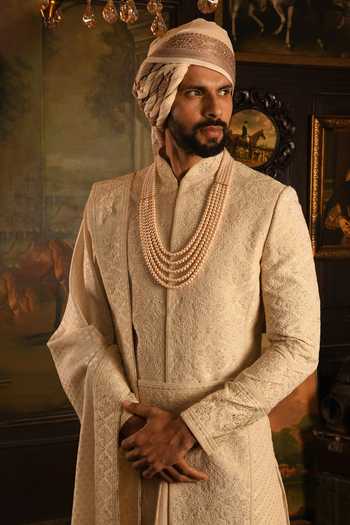 Punit Arora_Ivory Silk Maharaja Sherwani Set _at_Aza_Fashions