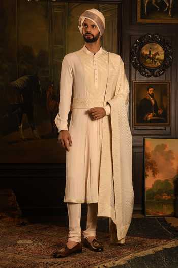 Shop_Punit Arora_Ivory Silk Maharaja Sherwani Set 