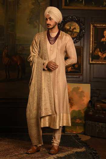 Buy_Punit Arora_Gold Silk Embroidered Sherwani Set _Online_at_Aza_Fashions