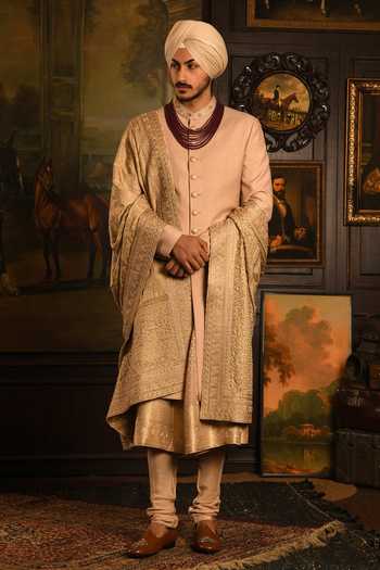 Shop_Punit Arora_Gold Silk Embroidered Sherwani Set _Online_at_Aza_Fashions