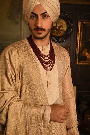 Punit Arora_Gold Silk Embroidered Sherwani Set _at_Aza_Fashions