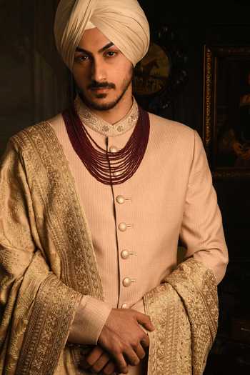 Buy_Punit Arora_Gold Silk Embroidered Sherwani Set 