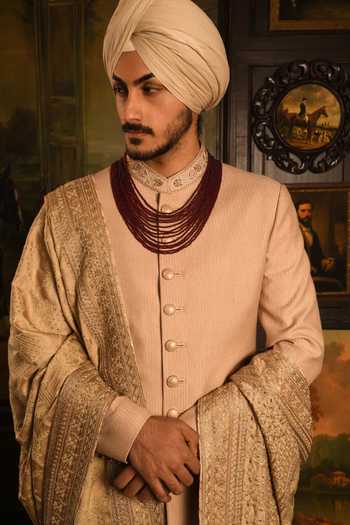 Shop_Punit Arora_Gold Silk Embroidered Sherwani Set 