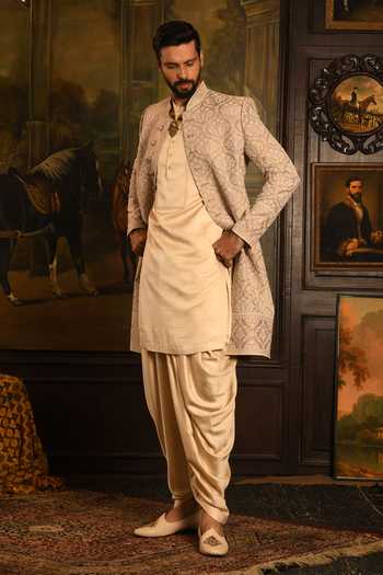 Shop_Punit Arora_Pink Silk Floral Pattern Sherwani Set _Online_at_Aza_Fashions