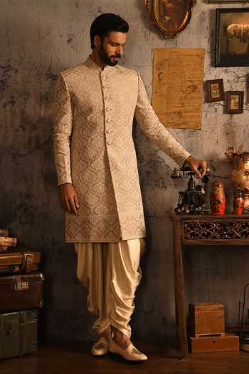 Punit Arora_Pink Silk Floral Pattern Sherwani Set _at_Aza_Fashions