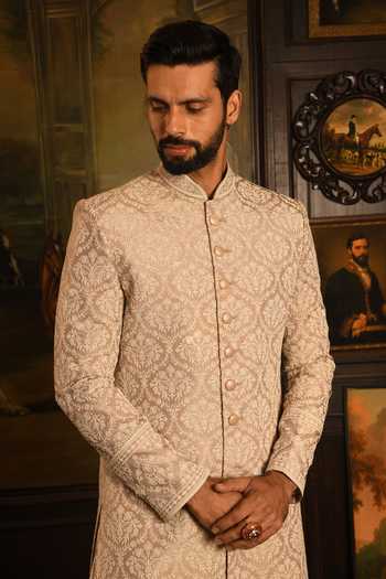 Shop_Punit Arora_Pink Silk Floral Pattern Sherwani Set 