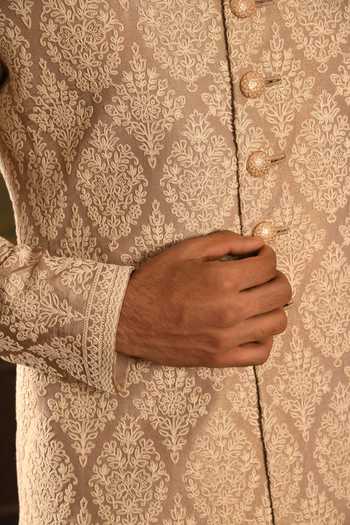 Punit Arora_Rose Gold Silk Tonal Embroidered Achkan Set _at_Aza_Fashions