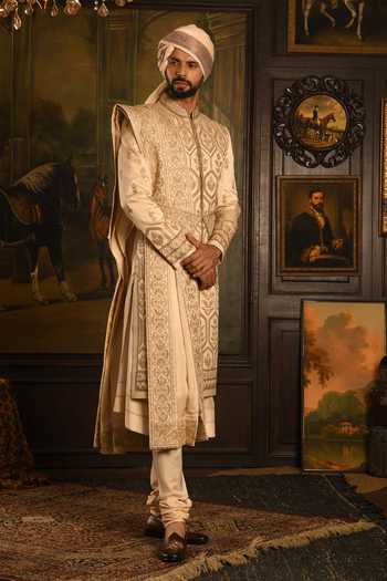 Punit Arora_Beige Silk The Gilded Geometric Sherwani Set _Online_at_Aza_Fashions