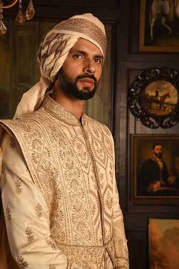 Buy_Punit Arora_Beige Silk The Gilded Geometric Sherwani Set _Online_at_Aza_Fashions