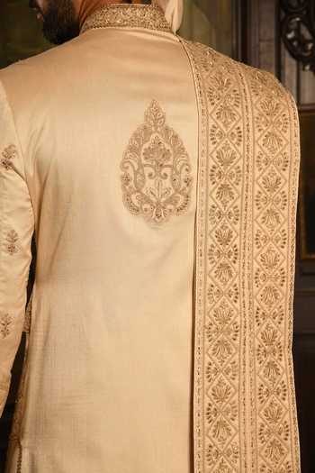 Punit Arora_Beige Silk The Gilded Geometric Sherwani Set _at_Aza_Fashions