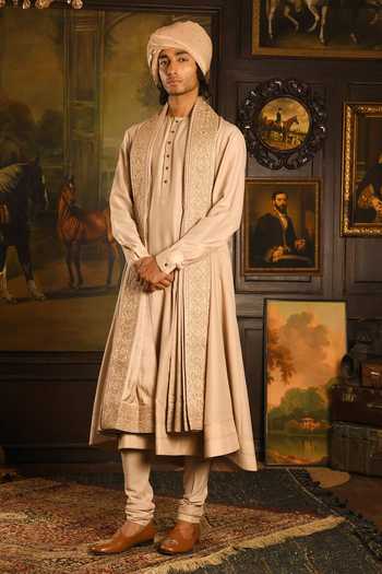 Buy_Punit Arora_Rose Gold Silk Geometric Embroidered Sherwani Set _Online_at_Aza_Fashions