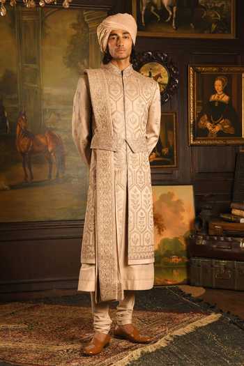 Shop_Punit Arora_Rose Gold Silk Geometric Embroidered Sherwani Set _Online_at_Aza_Fashions