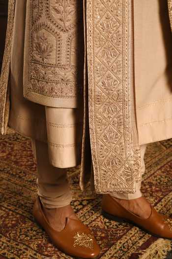 Punit Arora_Rose Gold Silk Geometric Embroidered Sherwani Set _at_Aza_Fashions