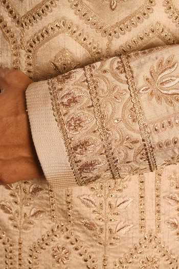 Shop_Punit Arora_Rose Gold Silk Geometric Embroidered Sherwani Set 