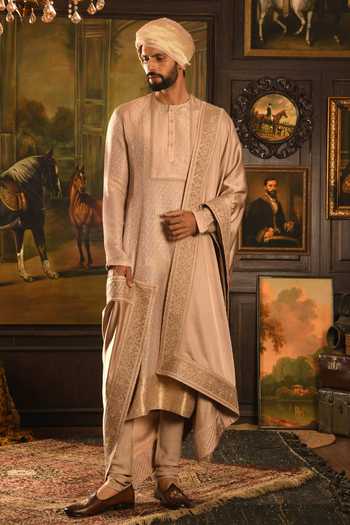 Buy_Punit Arora_Rose Gold Silk Tonal Embroidered Sherwani Set _Online_at_Aza_Fashions