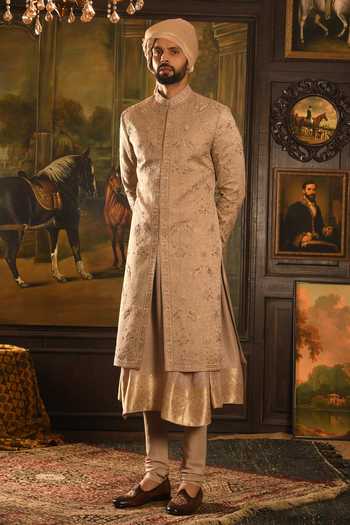 Shop_Punit Arora_Rose Gold Silk Tonal Embroidered Sherwani Set _Online_at_Aza_Fashions