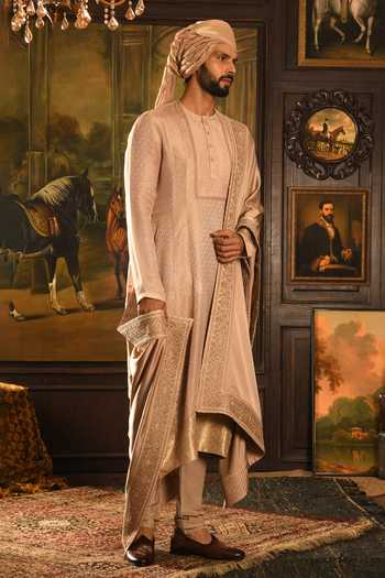 Punit Arora_Rose Gold Silk Tonal Embroidered Sherwani Set _at_Aza_Fashions