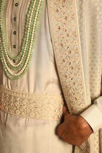 Punit Arora_Green Silk The Monochromatic Majesty Sherwani Set _at_Aza_Fashions