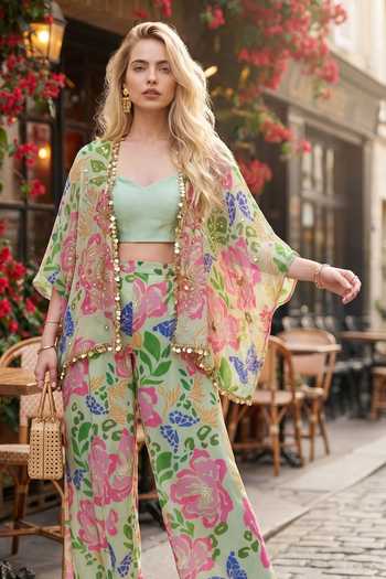 Seams Pret And Couture_Green Georgette, Shantoon Open Neck, Ada Floral Pattern Kaftan Pant Set _Online_at_Aza_Fashions