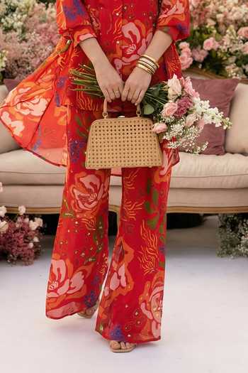 Seams Pret And Couture_Red Georgette, Shantoon Collared Ira Floral Pattern Shirt With Pant _Online_at_Aza_Fashions
