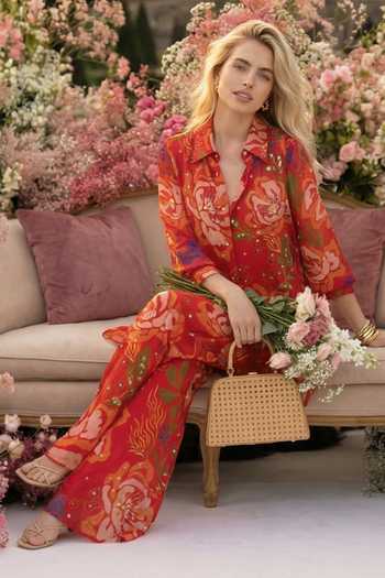 Shop_Seams Pret And Couture_Red Georgette, Shantoon Collared Ira Floral Pattern Shirt With Pant _Online_at_Aza_Fashions