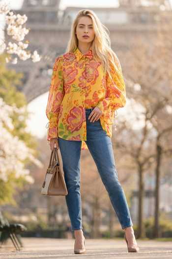 Seams Pret And Couture_Yellow Georgette, Shantoon Collared Lea Floral Print Shirt _Online_at_Aza_Fashions