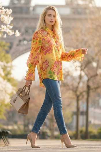 Buy_Seams Pret And Couture_Yellow Georgette, Shantoon Collared Lea Floral Print Shirt _Online_at_Aza_Fashions