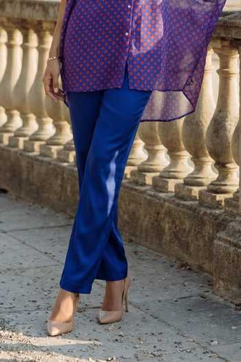 Seams Pret And Couture_Blue Georgette, Shantoon Collared Nadia Embroidered Kaftan Shirt _Online_at_Aza_Fashions