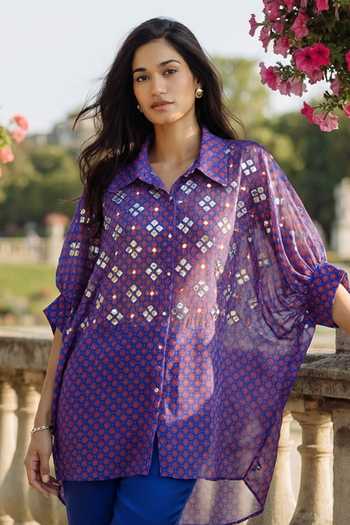 Buy_Seams Pret And Couture_Blue Georgette, Shantoon Collared Nadia Embroidered Kaftan Shirt _Online_at_Aza_Fashions
