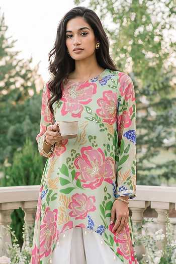 Seams Pret And Couture_Green Georgette, Satin, Shantoon Round Neck Floral Print Kurta And Dhoti Pant Set _Online_at_Aza_Fashions