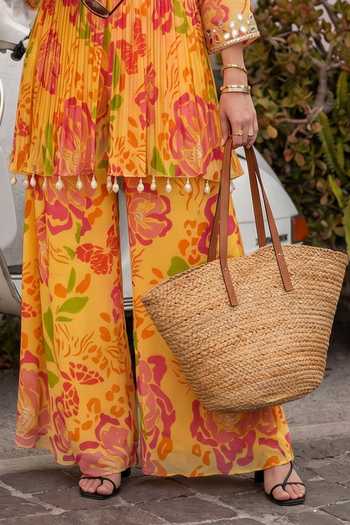 Seams Pret And Couture_Yellow Georgette, Shantoon Round Neck Preet Print Kurta With Sharara _Online_at_Aza_Fashions