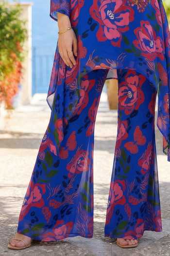 Seams Pret And Couture_Blue Georgette, Shantoon Round Neck, Yes Queen Floral Print Kurta With Palazzo _Online_at_Aza_Fashions