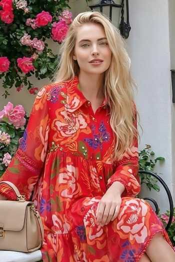 Seams Pret And Couture_Red Georgette, Shantoon Collared Risa Floral Print Dress _Online_at_Aza_Fashions