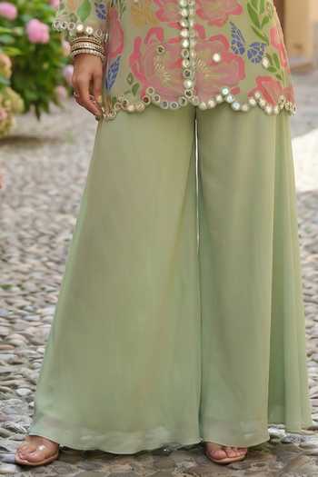 Seams Pret And Couture_Green Georgette, Shantoon Round Neck Saisha Floral Print Kurta With Sharara _Online_at_Aza_Fashions