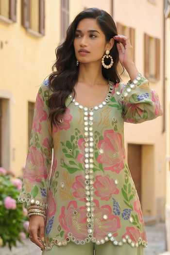 Buy_Seams Pret And Couture_Green Georgette, Shantoon Round Neck Saisha Floral Print Kurta With Sharara _Online_at_Aza_Fashions