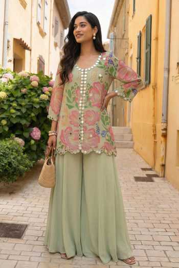 Shop_Seams Pret And Couture_Green Georgette, Shantoon Round Neck Saisha Floral Print Kurta With Sharara _Online_at_Aza_Fashions