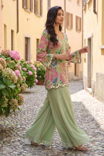 Seams Pret And Couture_Green Georgette, Shantoon Round Neck Saisha Floral Print Kurta With Sharara _at_Aza_Fashions