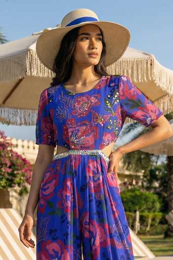 Seams Pret And Couture_Blue Midnight Bloom Print Jumpsuit _Online_at_Aza_Fashions