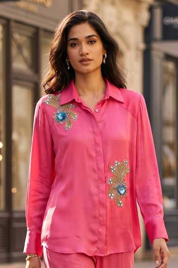 Buy_Seams Pret And Couture_Pink Satin, Modal Collared Flora Patch Shirt With Pant _Online_at_Aza_Fashions