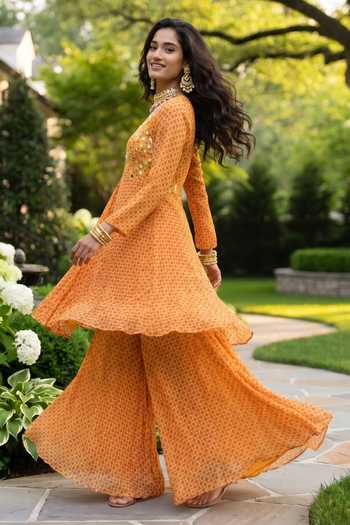 Seams Pret And Couture_Yellow Georgette, Shantoon V-neck, Yes Navya Print Kurta Sharara Set _Online_at_Aza_Fashions