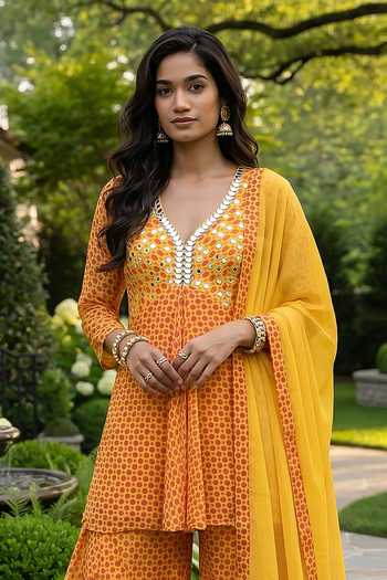 Buy_Seams Pret And Couture_Yellow Georgette, Shantoon V-neck, Yes Navya Print Kurta Sharara Set _Online_at_Aza_Fashions